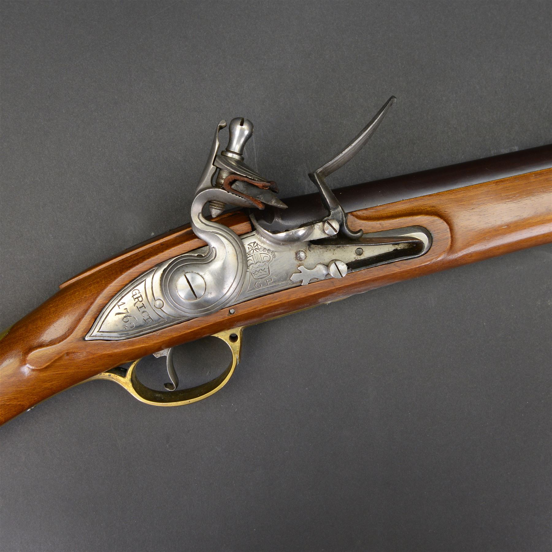 SHOTGUN CERTIFICATE REQUIRED - Pedersoli Brown Bess Flintlock Musket, .75 calibre, the 106cm steel barrel, the lock plate marked GRICE 1762 and with crowned GR, walnut full stock with ramrod under, overall L148cm, serial no. 5135