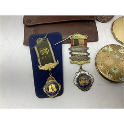 Collection of compact mirrors, including Stratton and Majestic examples, together with four pairs of opera glasses, Masonic jewels, etc