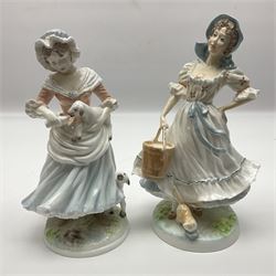 Five Royal Worcester figures, comprising The Queen of May, Rosie Picking Apples, A Farmers Wife, The Milkmaid and The Shepherdess, all with printed marks beneath and some with certificates of authentication   