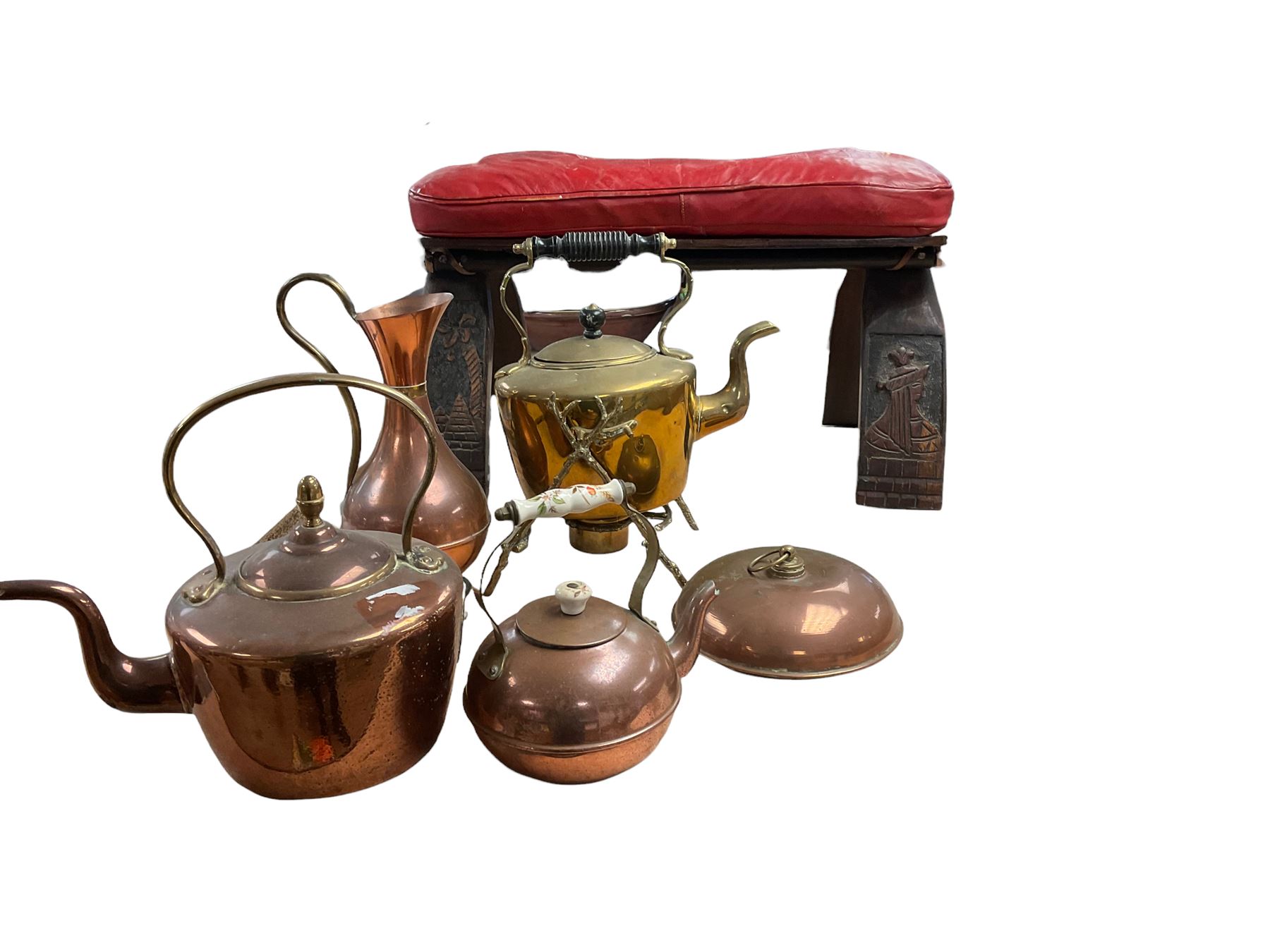 Brass spirit kettle, together with copper kettle, camel stool etc