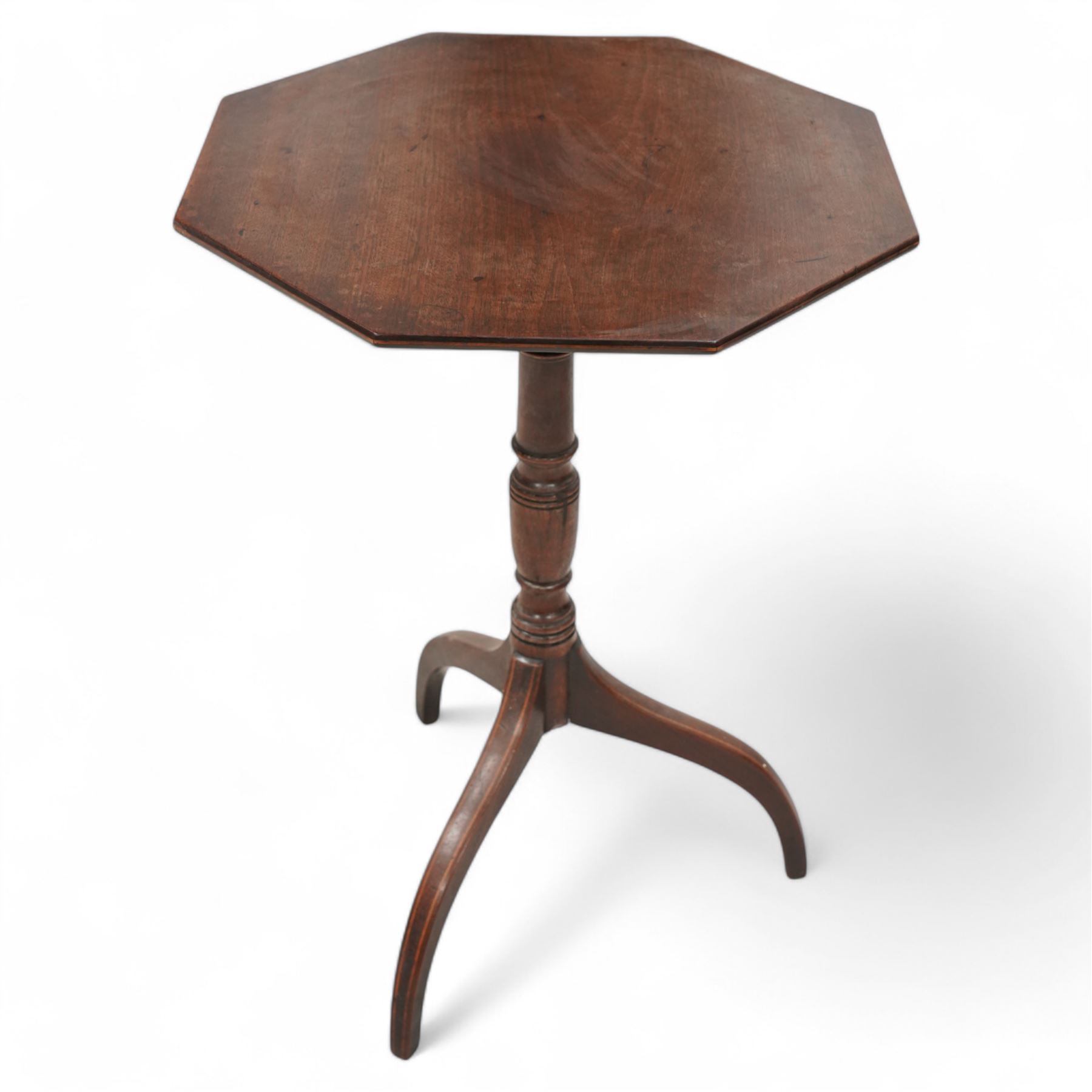 Regency mahogany occasional table, rectangular top with reeded edge, over a turned pedestal with spayed supports and scrolled feet (W41cm D29cm H73cm); Georgian mahogany tilt-top occasional table, octagonal top with inlaid edge on a turned pedestal with arched tripod base (W53cm H75cm) (2)