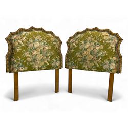 Mid-20th century pair of upholstered headboards, scalloped frames with carved giltwood edg...