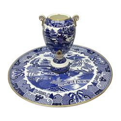 19th century Copeland blue and white printed willow pattern lazy susan,  the circular revolving tray fitted with a two handled coffee urn, D45cm