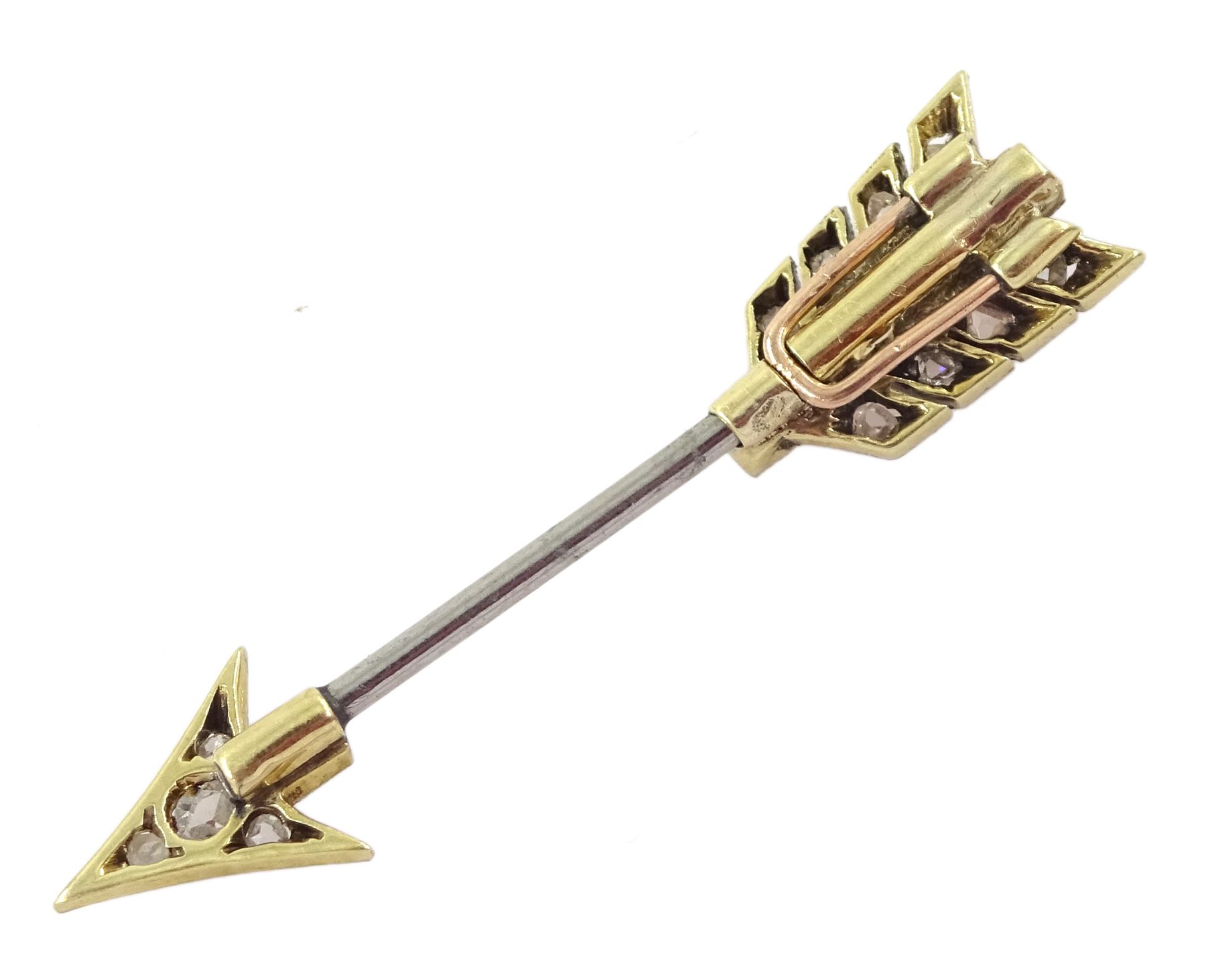 Early 20th century milgrain set rose cut diamond arrow brooch, with detachable gold and platinum feather