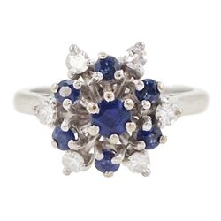 18ct white gold sapphire and single cut diamond cluster ring, stamped