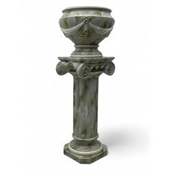 Contemporary marble effect urn, in cream and gold decorated with gilt swags resting on a f...