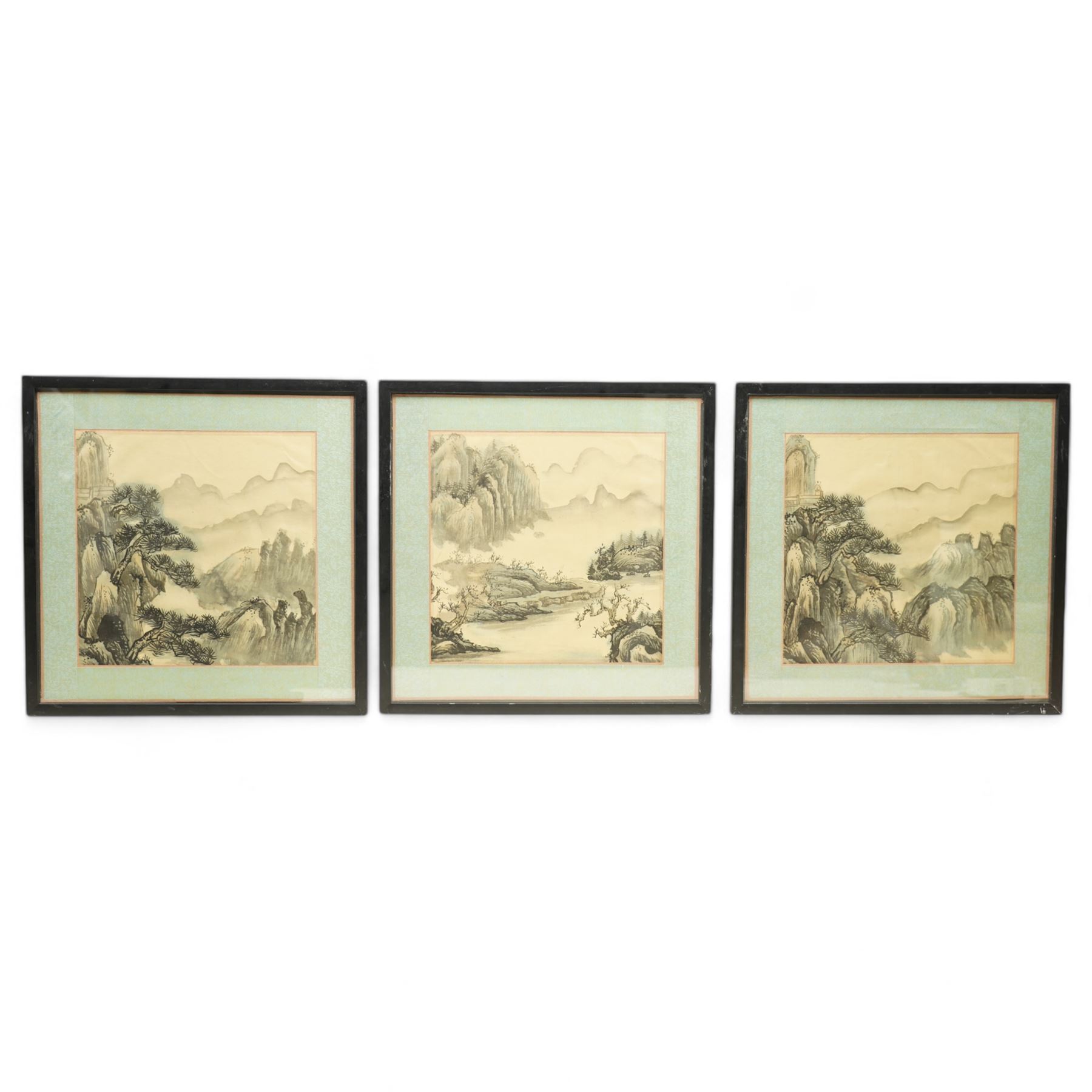 Chinese School (19th century): Mountainous Landscape with Temple and Trees, set three watercolours on silk unsigned 25cm x 25cm (3)