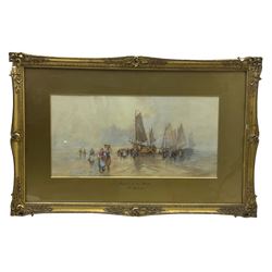 Frank Rousse (British fl.1897-1917): 'Return of the Boats', watercolour heightened with white signed, titled on mount 24cm x 49cm 