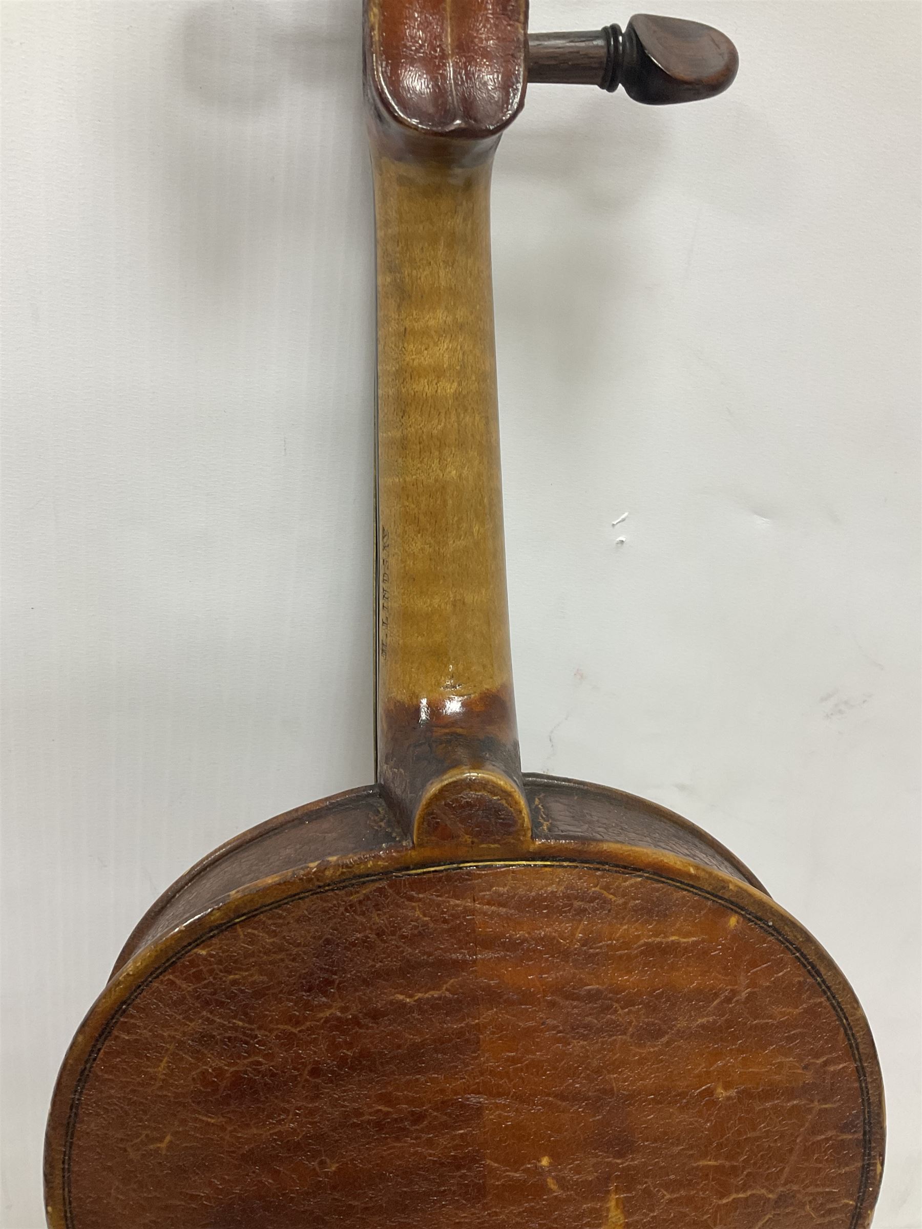 Michael Lindsay of Stockton-on-Tees violin, dated 1904 on the label and stamped on the neck, full length 60cm In a later soft case