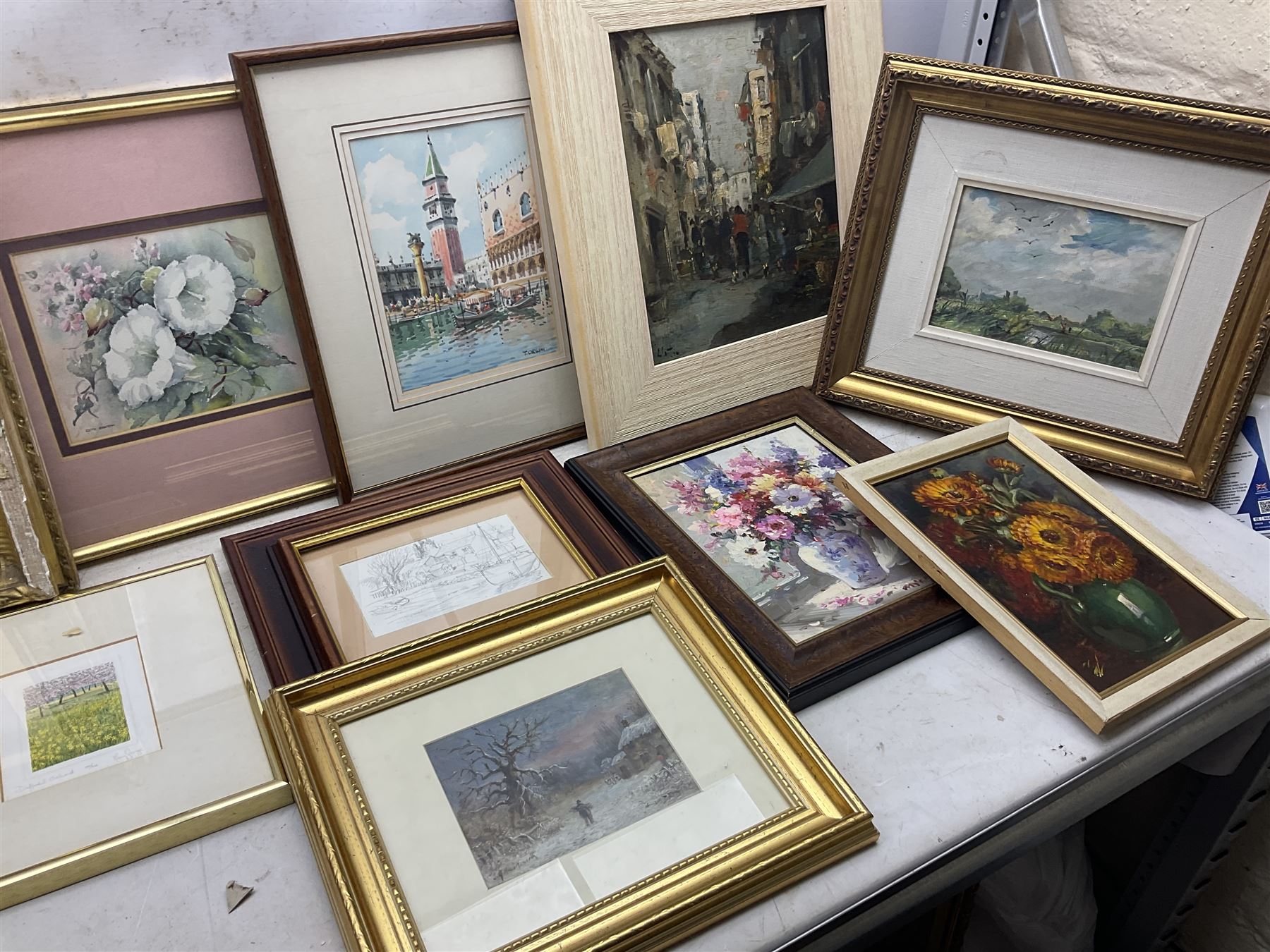 Group of original oils mostly indistinctly signed, watercolours including Edith Buxton, T Orsini etc and a large collection of engravings in one box (approx. 32)