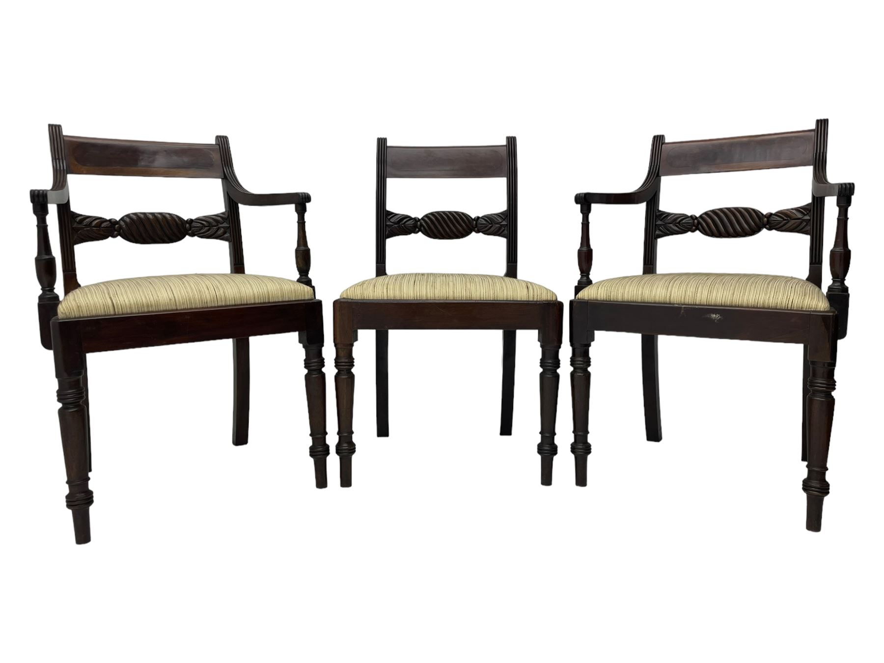 Georgian design set of six (6+2) mahogany dining chairs, the bar cresting rail inlaid with figured mahogany panel, shaped twist lobe carved middle rail with extending stylised leaf decoration, upholstered drop-in seat, on turned front supports 