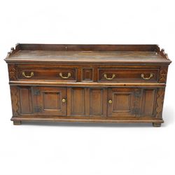 18th century oak dresser base, three-quarter shaped gallery over moulded top, fitted with ...