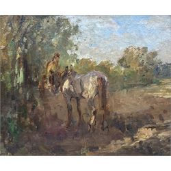 Circle of Arthur Spooner (British 1873-1962): Figure with Horse in Field, oil on panel unsigned, attributed verso 30cm x 35cm