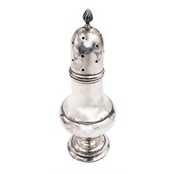 Early 20th century silver sugar sifter, of bellied form, with star pierced cover and flambeau finial, hallmarked C T Burrows & Sons, Birmingham 1912, in tooled leather velvet and silk lined fitted case