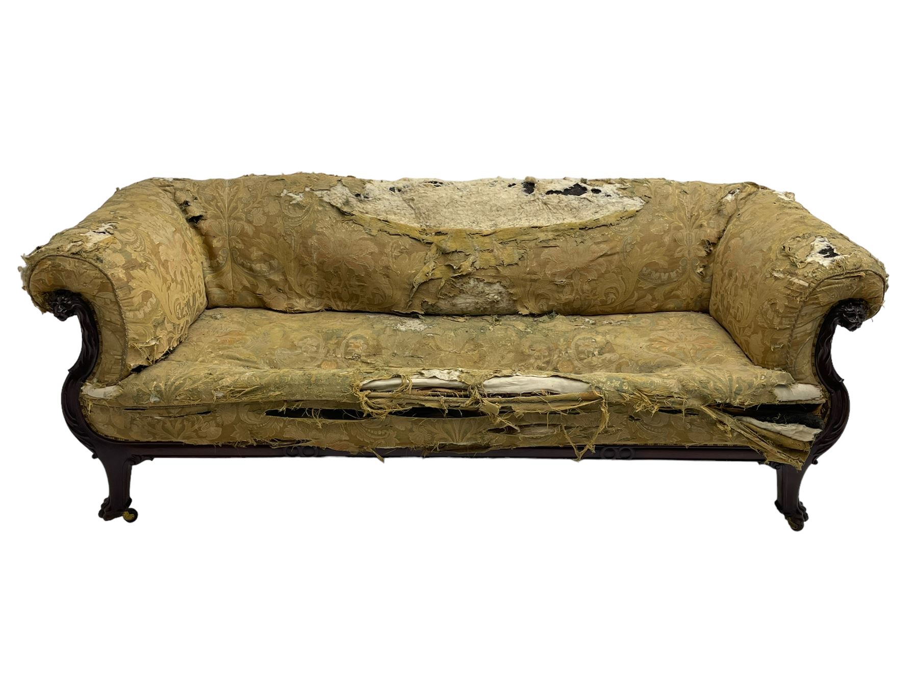 19th century mahogany settee, rolled S-scrolled arms carved with lion masks and acanthus leaf scrolls, the lower moulded rail carved with scrolling design, raised on carved paw feet with recessed brass and ceramic castors 