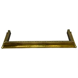 Brass coal scuttle (H64cm); brass fender and fireside companion set 