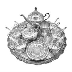 Early/mid 20th century Persian silver tea service, comprising circular serving tray, teapo...