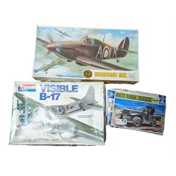 Three model kits, including Airfix Hawker Hurricane MK1 1:24 scale, Italeri Anti Tank Dodge 1:35 scale and Monogram Visible B-17 1:48 scale, all boxed 