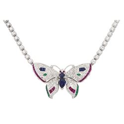 White gold butterfly necklace, the diamond, sapphire, ruby and emerald set butterfly, susp...