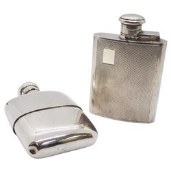 Modern silver hipflask, with engine turned panel to front and vacant rectangular panel to upper left corner, hallmarked William Manton, Birmingham 1989, H9.5cm, together with another modern silver hipflask hallmarked London import, 1990, makers mark indistinct, H10cm, approximate total weight 6.97 ozt (217 grams)