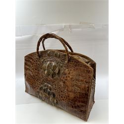 Large twin handled crocodile skin bag, with zippable compartment, H39cm 