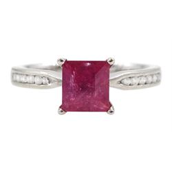 18ct white gold square cut ruby ring, with round brilliant cut diamond set shoulders, hallmarked, ruby approx 1.25 carat