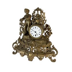 19th century - French gilt spelter 8-day timepiece mantle clock, with an ornate rococo case on splayed feet, drum movement with a cast figure of a gardener, flowers and gardening tools, white enamel dial with Roman numerals, minute markers and matching steel moon hands. With pendulum.   