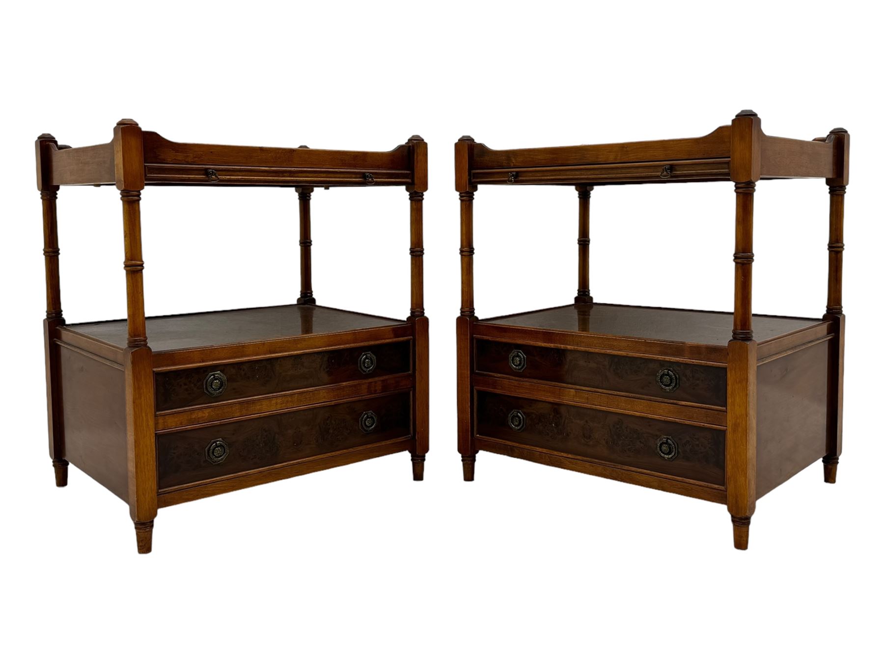 Wade - pair of Georgian design yew wood bedside or lamp tables, each with raised tray top over single shelf, the lower section fitted with two drawers with brass ring handles, raised on turned supports