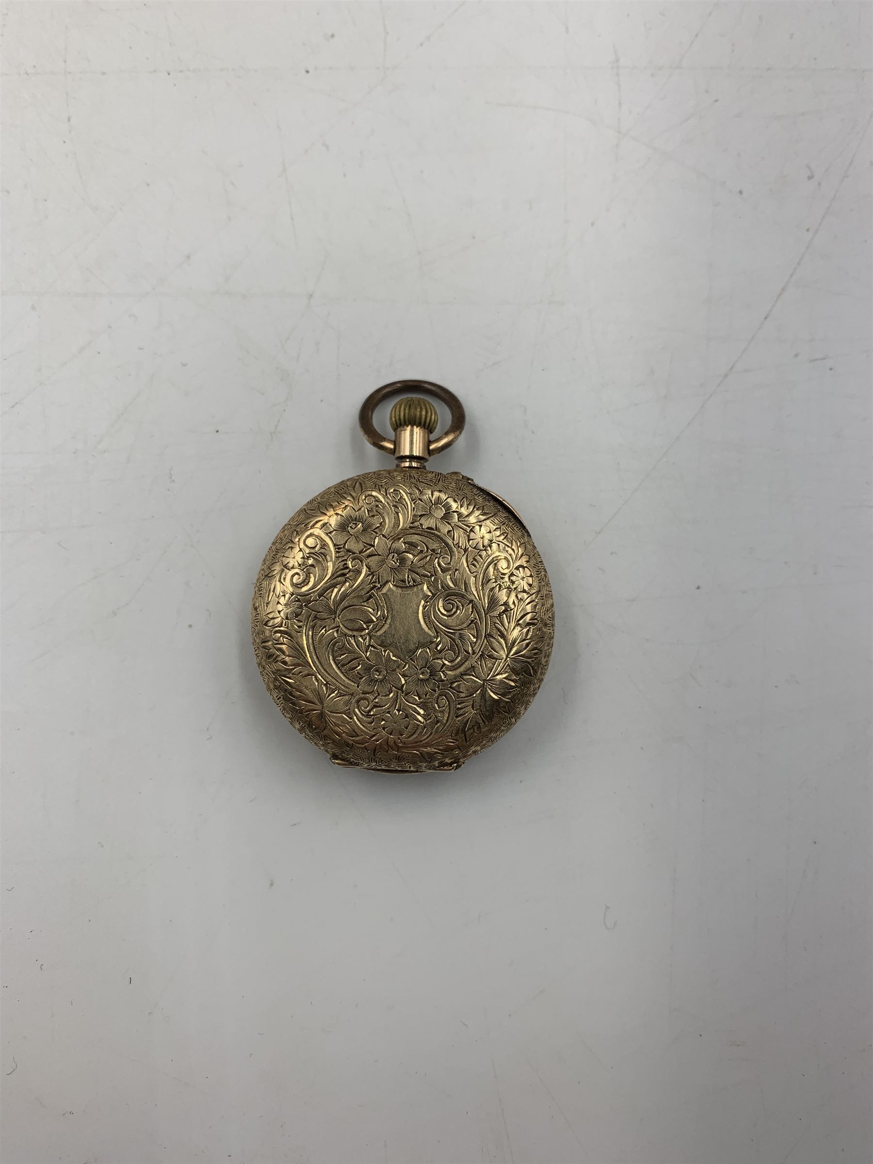 Early 20th century keyless fob watch, white enamelled dial with Roman numerals and subsidiary seconds dial, outer case stamped 14K, 9ct gold cased Rite-Tyme mechanical wristwatch, on a gilt stainless steel bracelet, a ladies 9ct gold cased mechanical movement wristwatch, with blue enameled case, on a rolled gold bracelet strap, ladies 9ct gold mechanical movement wristwatch on an expanding bracelet strap stamped 9ct and another 9ct gold cased mechanical movement wristwatch, together ladies Rotary 9ct gold cased mechanical wristwatch and ladies Bulova rolled gold mechanical wristwatch (lacking straps)