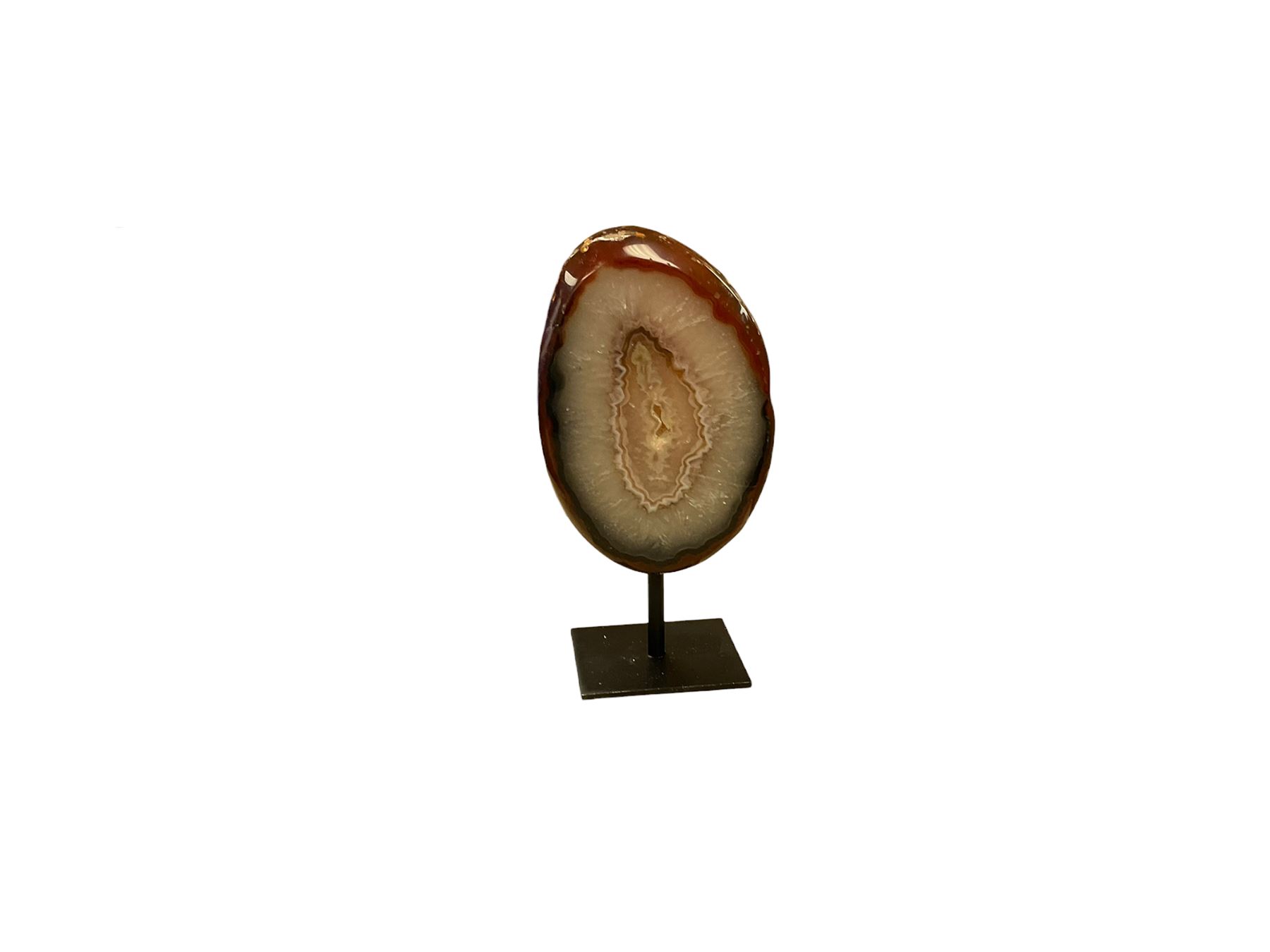 Agate crystal slice, raised on a black metal stand, H16cm