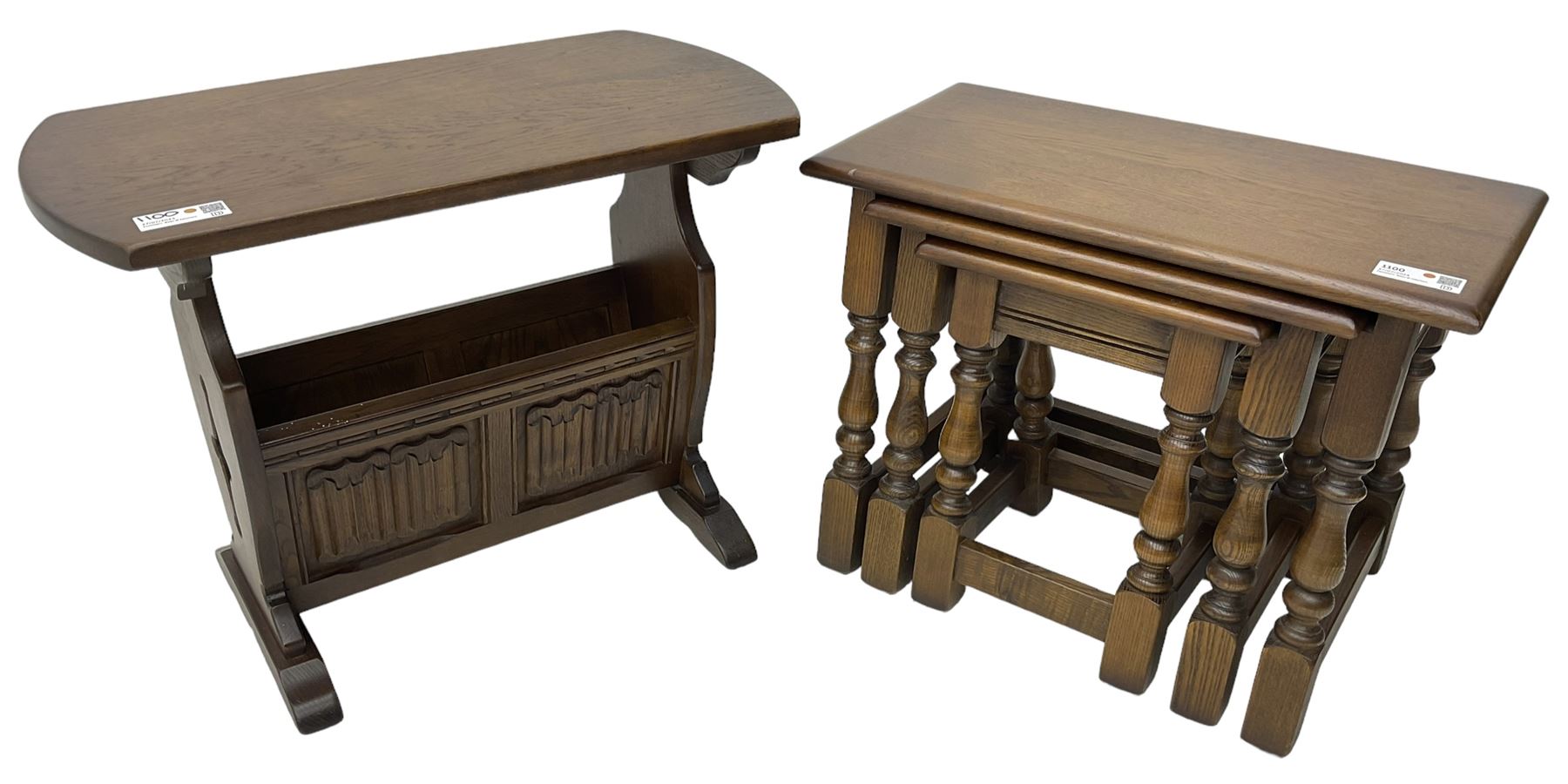 Old Charm - oak nest of three tables (W61cm, D33cm, H45cm); magazine table with carved linenfold detail (W66cm, D36cm, H51cm) (2)