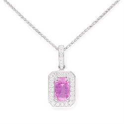 18ct white gold radiant cut pink sapphire and round brilliant cut diamond pendant necklace, hallmarked, pink sapphire 1.53 carat