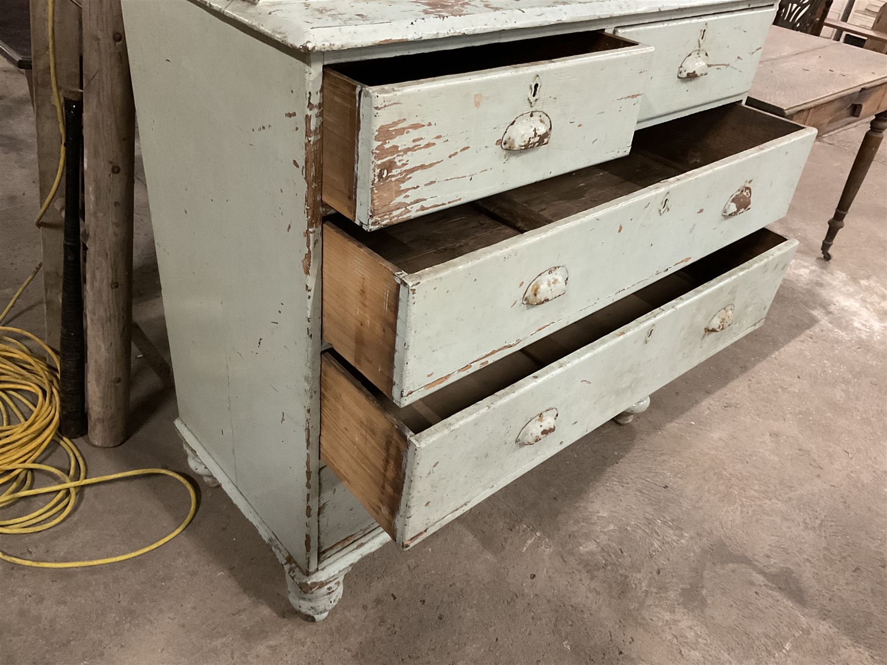 19th century pale blue painted pine housekeepers cupboard, double panelled cupboard enclosing two shelves over two short and three long drawers, on turned feet - THIS LOT IS TO BE COLLECTED BY APPOINTMENT FROM THE OLD BUFFER DEPOT, MELBOURNE PLACE, SOWERBY, THIRSK, YO7 1QY