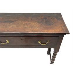 18th century oak dresser base, rectangular top, fitted with two drawers with moulded facia edges and brass swan neck handles, raised on turned front supports united by stretchers