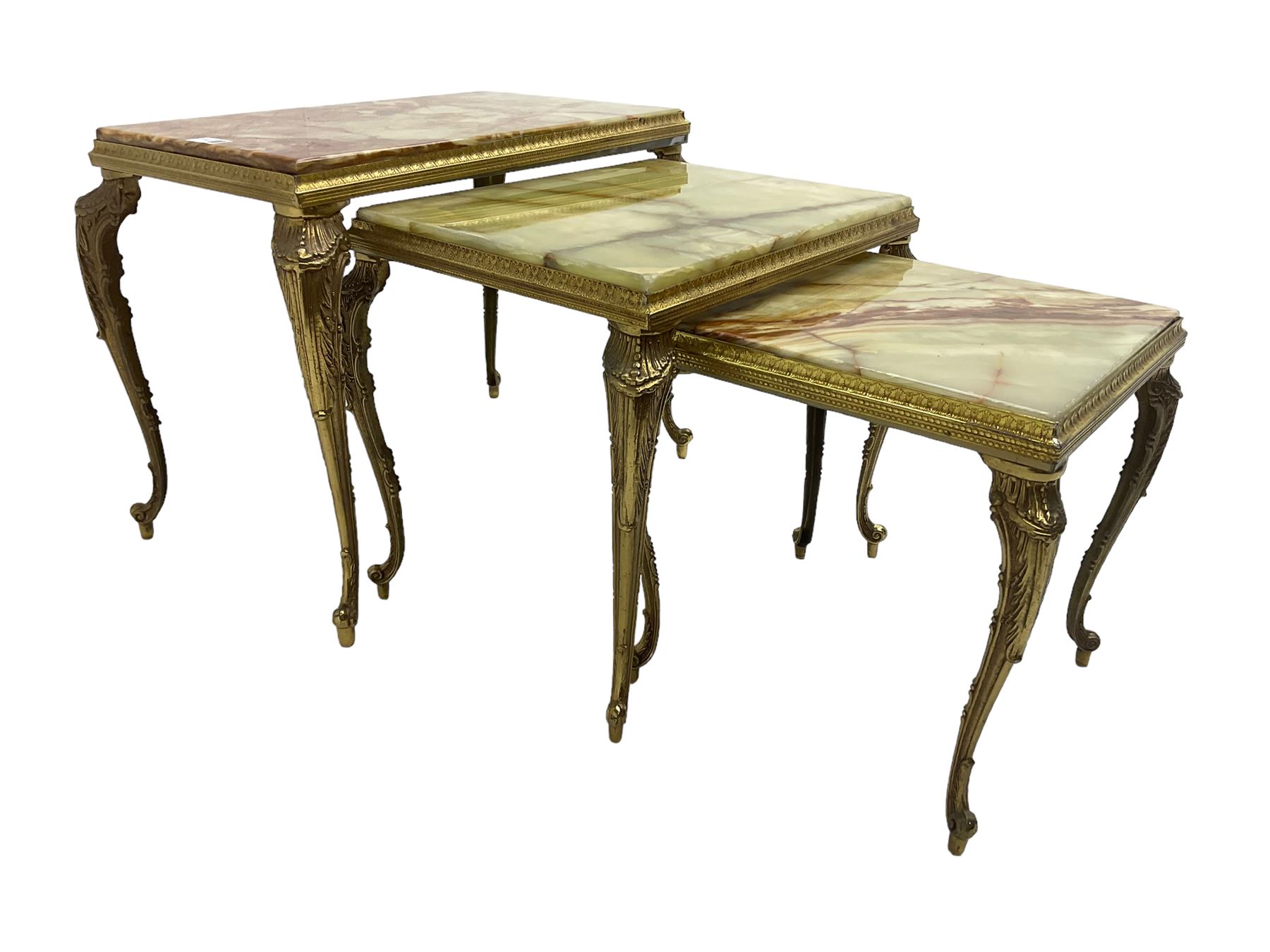 Mid-20th century Italian design onyx and gilt metal nest of three tables, rectangular tops raised on foliate decorated cabriole supports