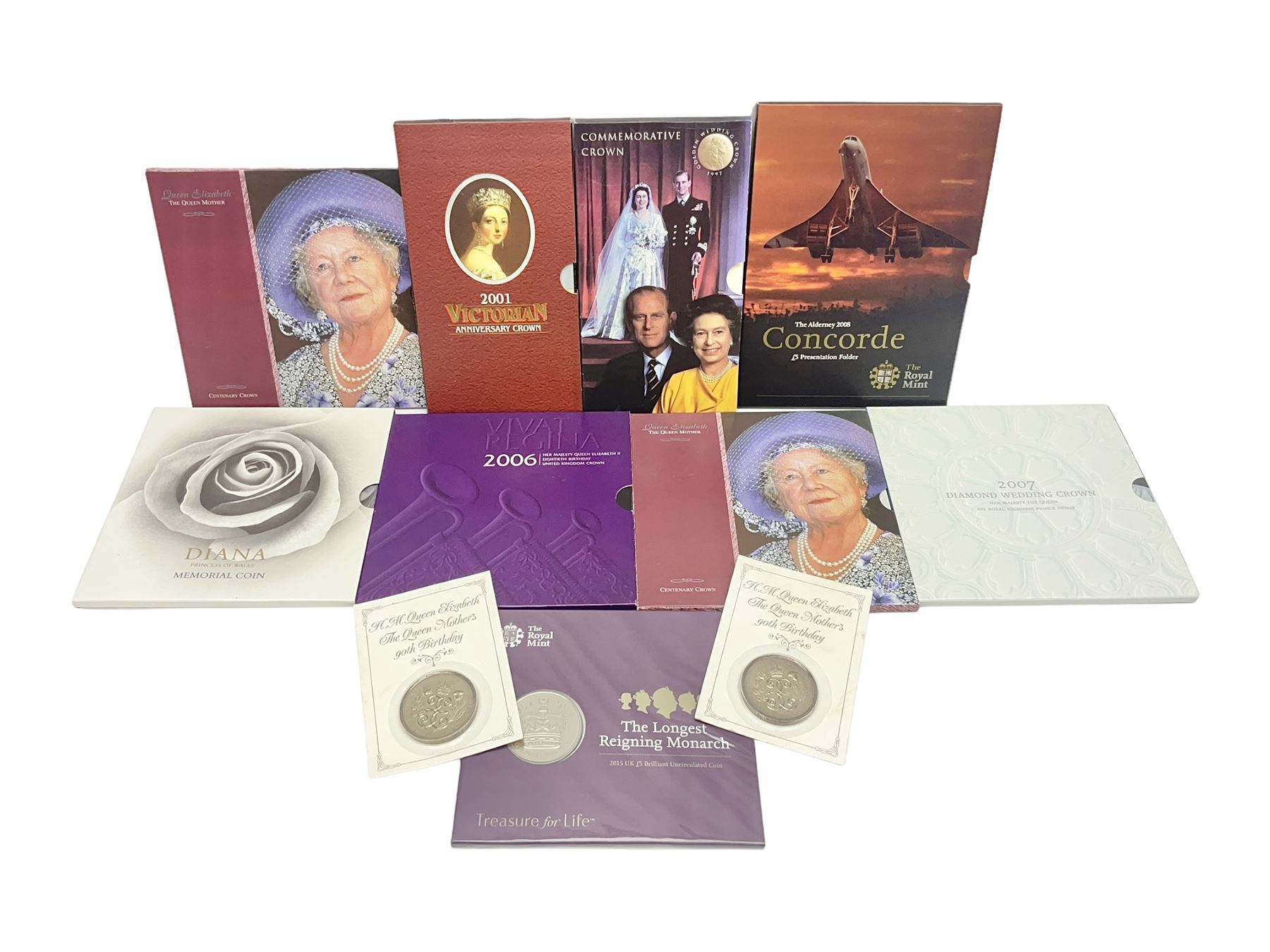 Eleven Queen Elizabeth II cupronickel five pound coins, in card folders or on cards