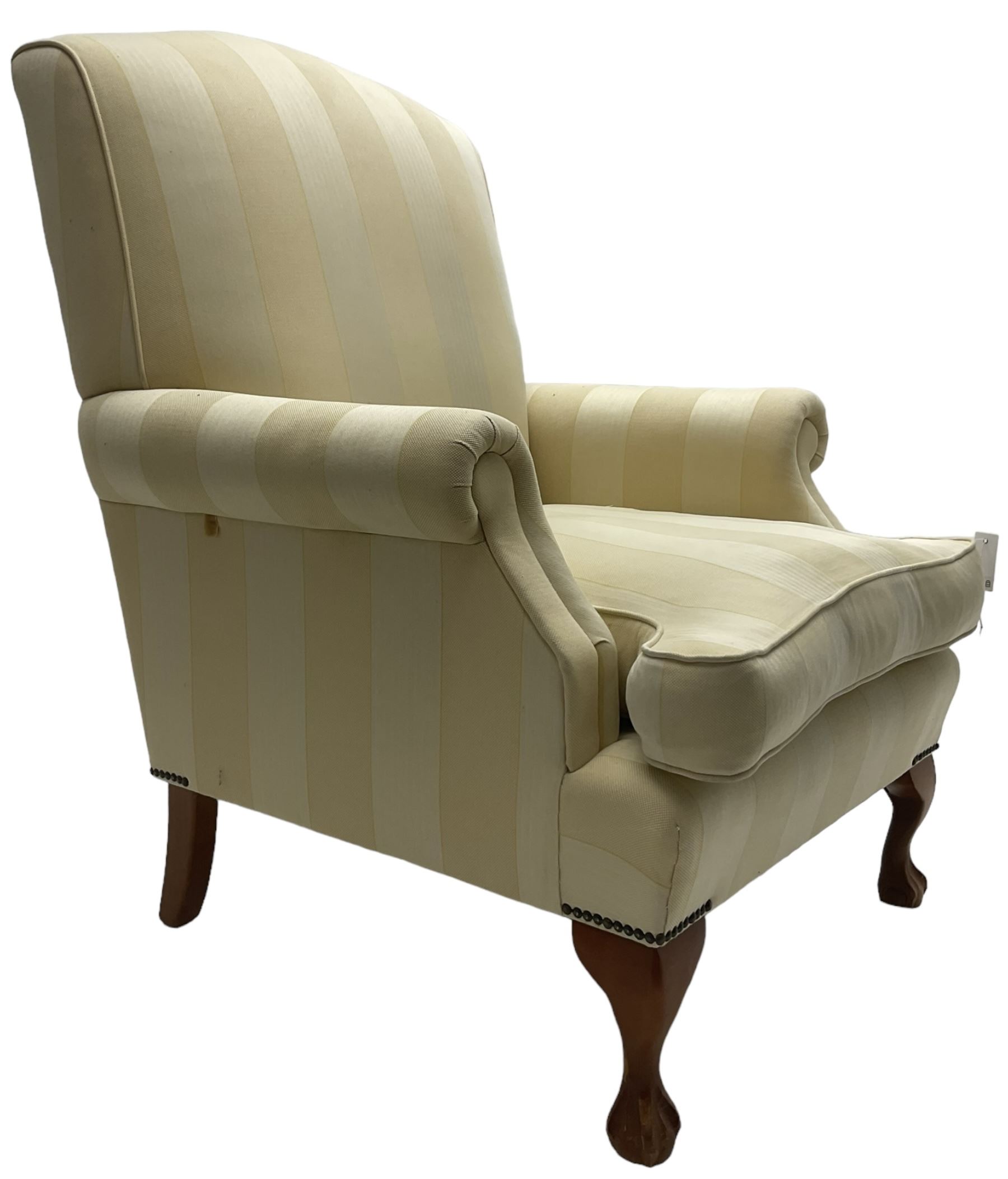 Wesley-Barrell - Georgian design traditional shaped armchair with rolled arms, sprung back and loose seat cushion upholstered in beige striped fabric with gold piping, raised on cabriole supports with ball and claw feet