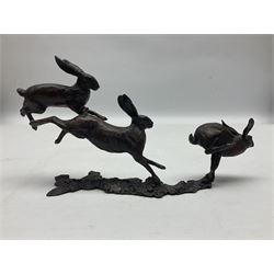 Michael Simpson: bronze Small Hares Running, modelled as three hares, limited edition 29/350, with certificate, H11cm 