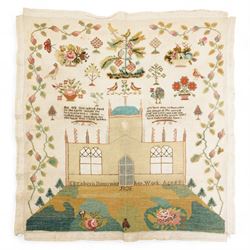 19th century needlework sampler by Elizabeth Bottomley aged 8, 1836 with large building to...