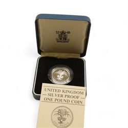 Eight The Royal Mint United Kingdom silver proof coins, comprising 1980 '80th Birthday' crown, 1981 'His Royal Highness The Prince Of Wales And Lady Diana Spencer' crown, 1984, 1985, 1986 and 1987 one pounds, all cased with certificates and a 1977 crown cased no certificate (8)