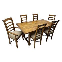 Barker & Stonehouse 'Flagstone' range mango wood dining table, fluted rectangular top with marquetry inlay, raised on turned supports connected by fluted H-stretcher; six (4+2) slatted-back chairs with beige upholstered seats H112cm 