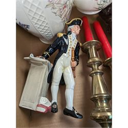 Two pairs of brass candlesticks, Royal Doulton Napoleon figure, composite figure of a fisherman and other collectables