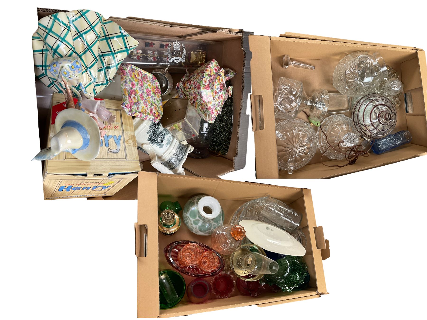 Collection of glass ware, including decanter and glasses, bom bom jar etc, in three boxes 