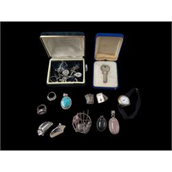 Silver jewellery, including key, snooker cufflinks, pendants, rings, etc, together with a ...