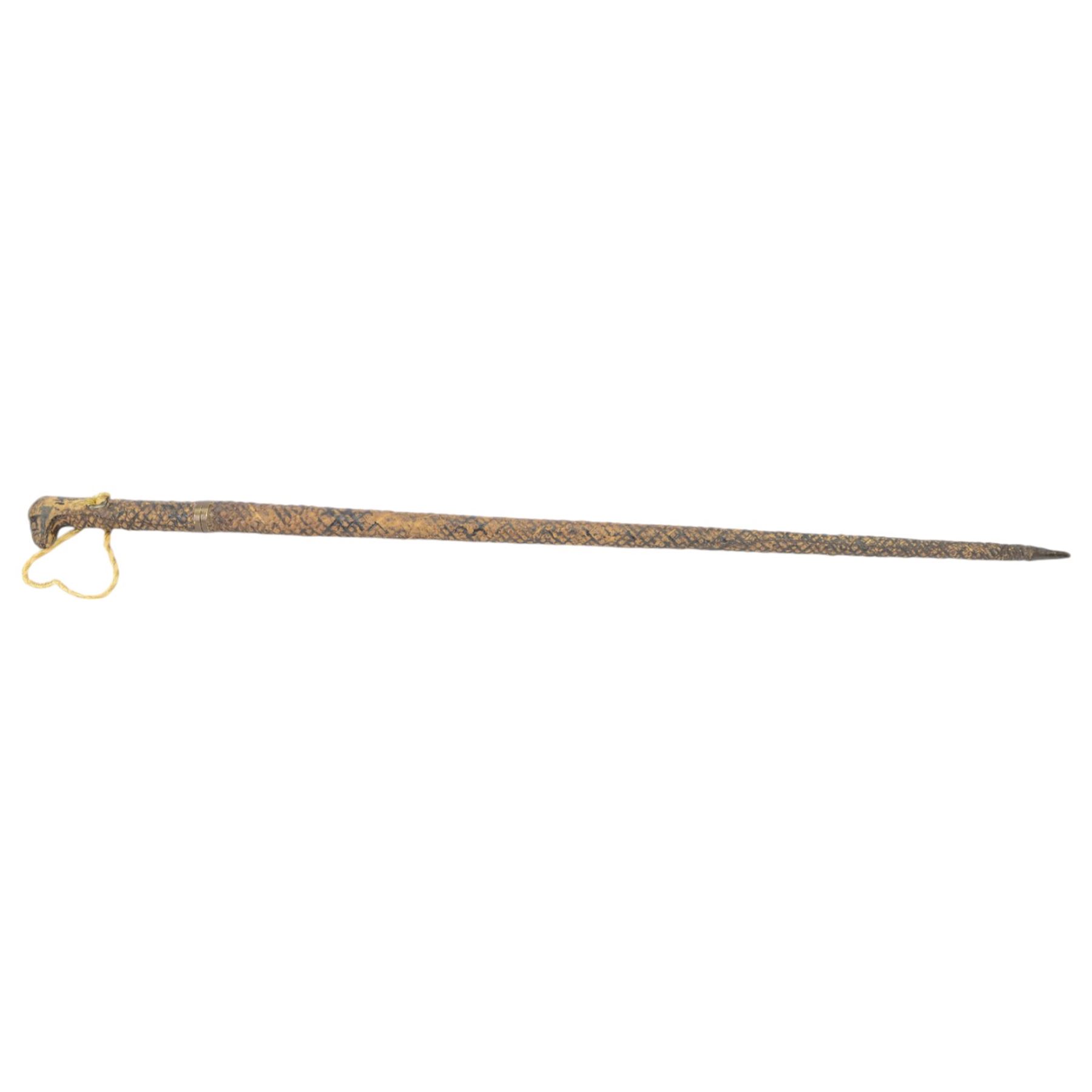 19th century snakeskin covered sword stick, the single edged blade with etched foliate decoration, blade L66cm, overall L91cm