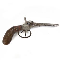 19th century side by side percussion pistol, with double hammers and triggers and foliate ...