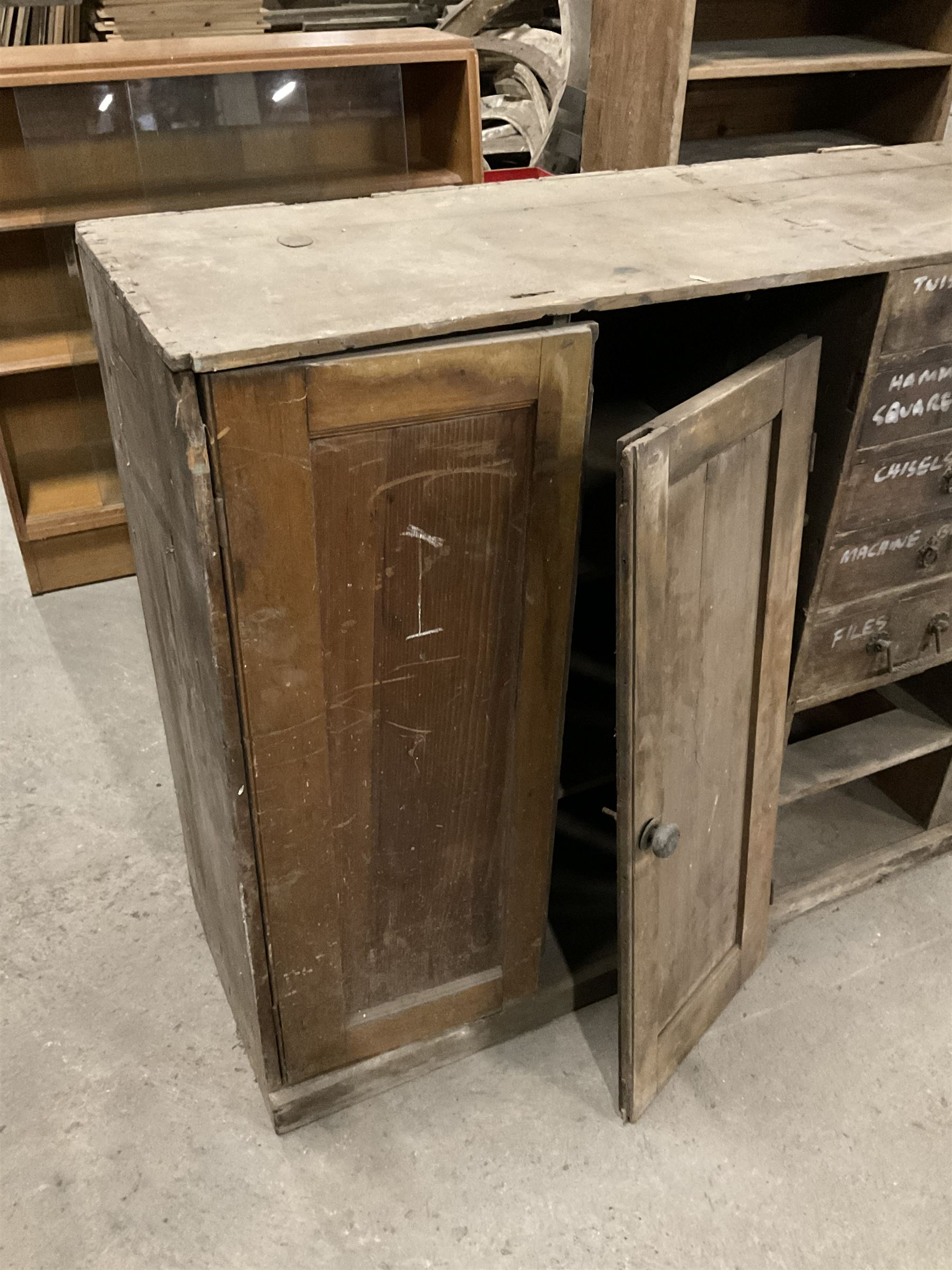 19th century pine multi-drawer workshop cabinet, fitted with double cupboard and drawers - THIS LOT IS TO BE COLLECTED BY APPOINTMENT FROM THE OLD BUFFER DEPOT, MELBOURNE PLACE, SOWERBY, THIRSK, YO7 1QY