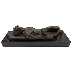 Bronze study of male nude after Seth Vandable, mounted on black marble plinth, L31cm