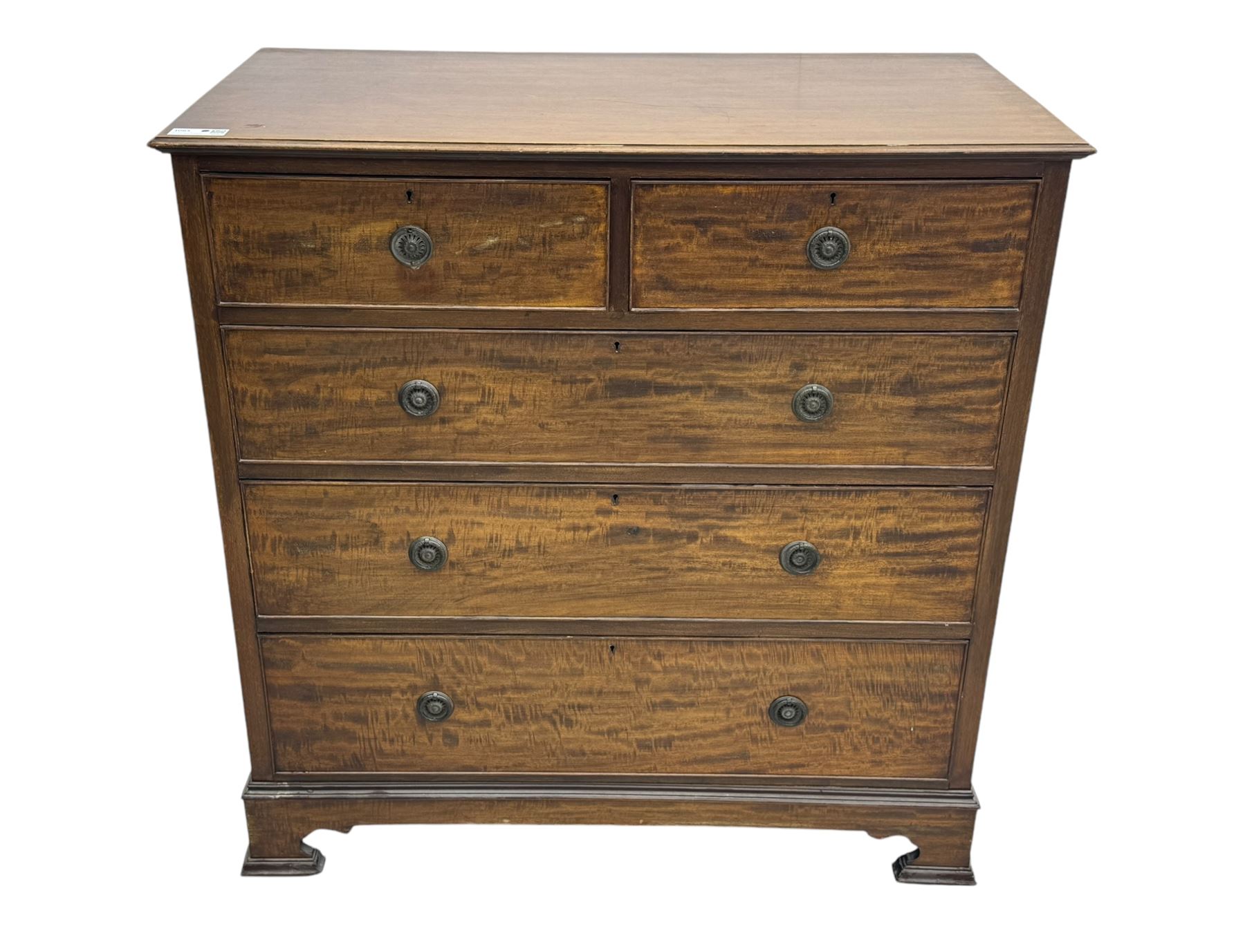 Early 20th century mahogany chest of drawers, rectangular top with moulded edge over two short and three long cockbeaded drawers, on bracket feet