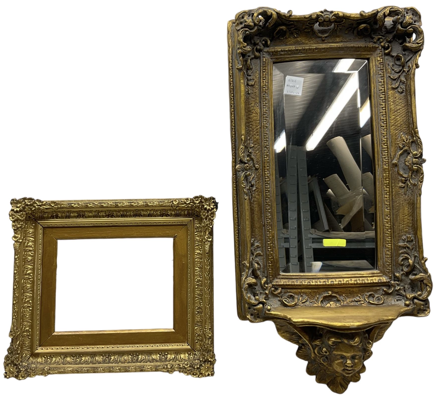 Rococo style gilt mirror with a cherub pediment, together with gilt frame (2)